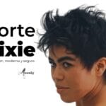 "Mujer de perfil luciendo un corte Pixie texturizado moderno y color negro con volumen en la parte superior. Texto superpuesto: 'Corte Pixie. Luce joven, moderna y segura'. Logotipo de Marcelo's Peluquería, expertos en cabello corto en Cali."