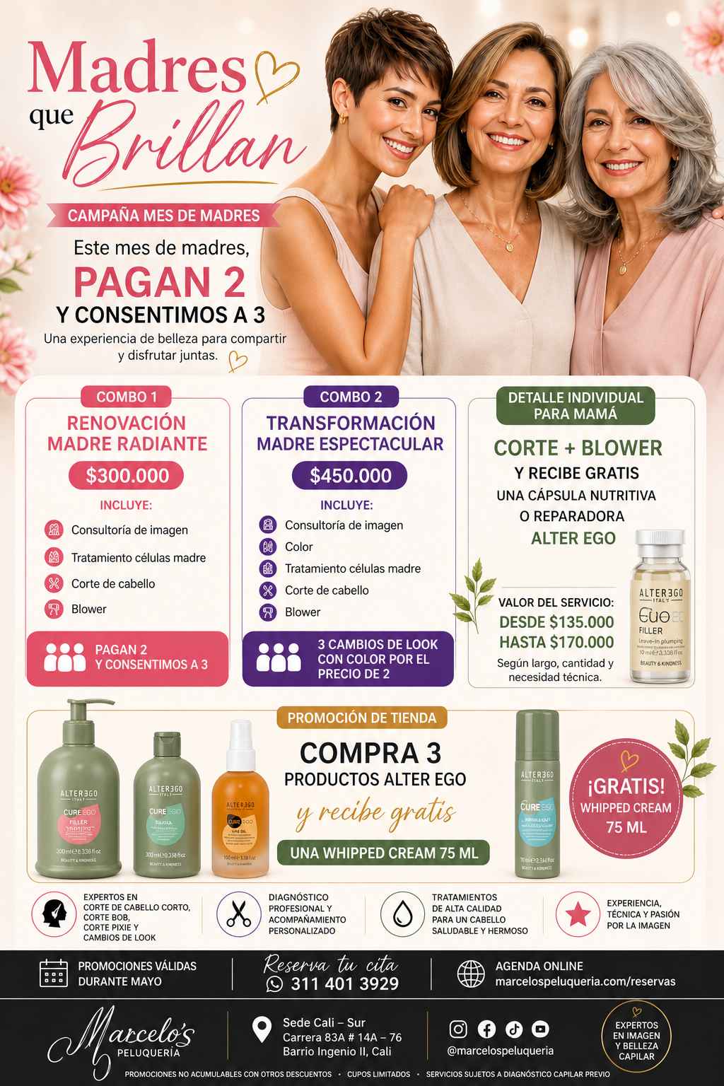 Promoción Mes de Madres en Marcelo’s Peluquería Cali: combos de belleza, corte, blower, color, tratamientos capilares y productos Alter Ego para consentir a mamá. Título optimizado
