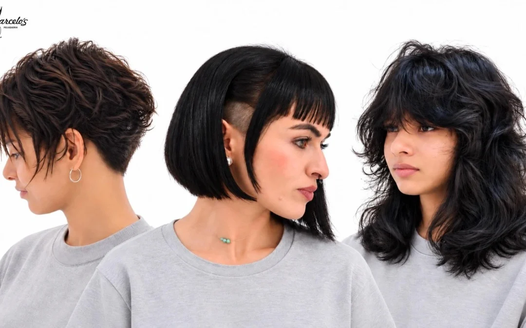 Tres cortes de cabello modernos realizados por Marcelo: Pixie corto, Bob de contorno definido y Shaggy con capas, en un montaje comparativo.